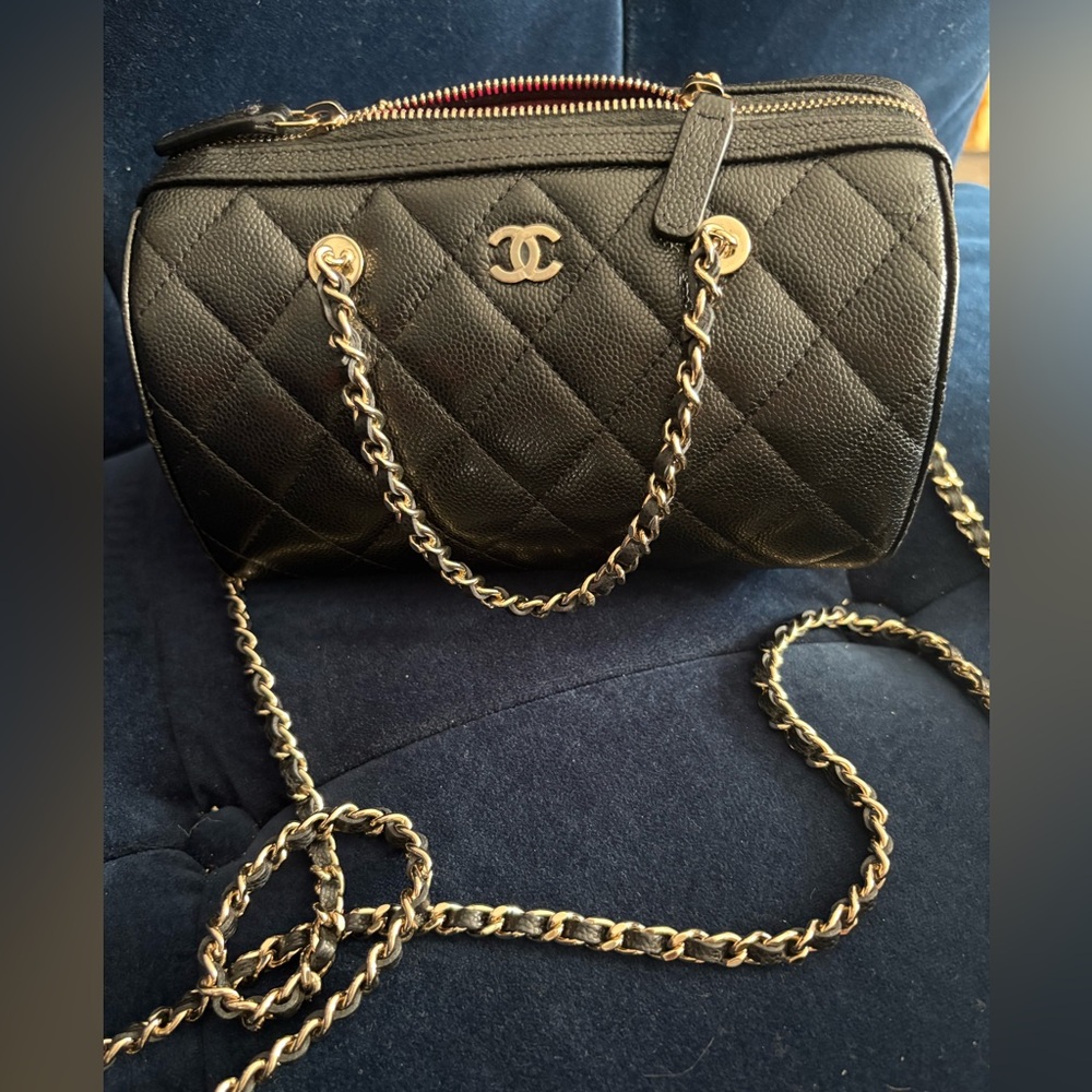 CHANEL Black Quilted Boston Bag with Gold Chain